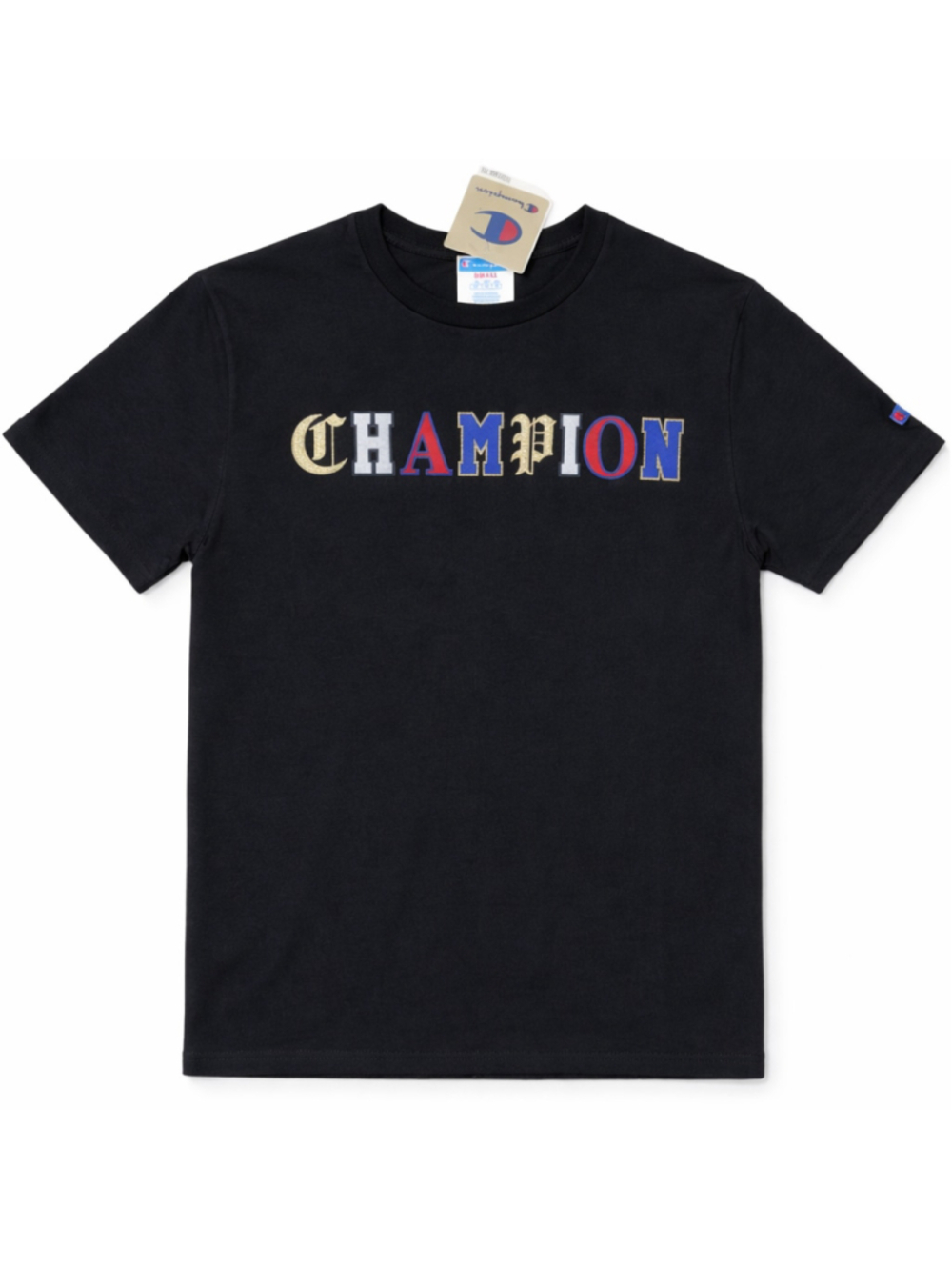 Men Small Champion Black Heritage Tshirt Streetwear Multi-color Logo Retro NWT